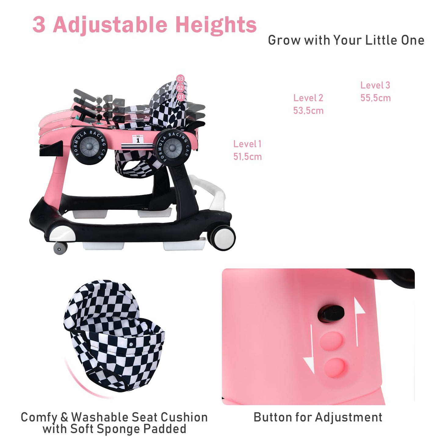LIFEZEAL 4-in-1 baby walker, height-adjustable & foldable, suitable for babies from 6 months, with adjustable speed, light & music features (pink).