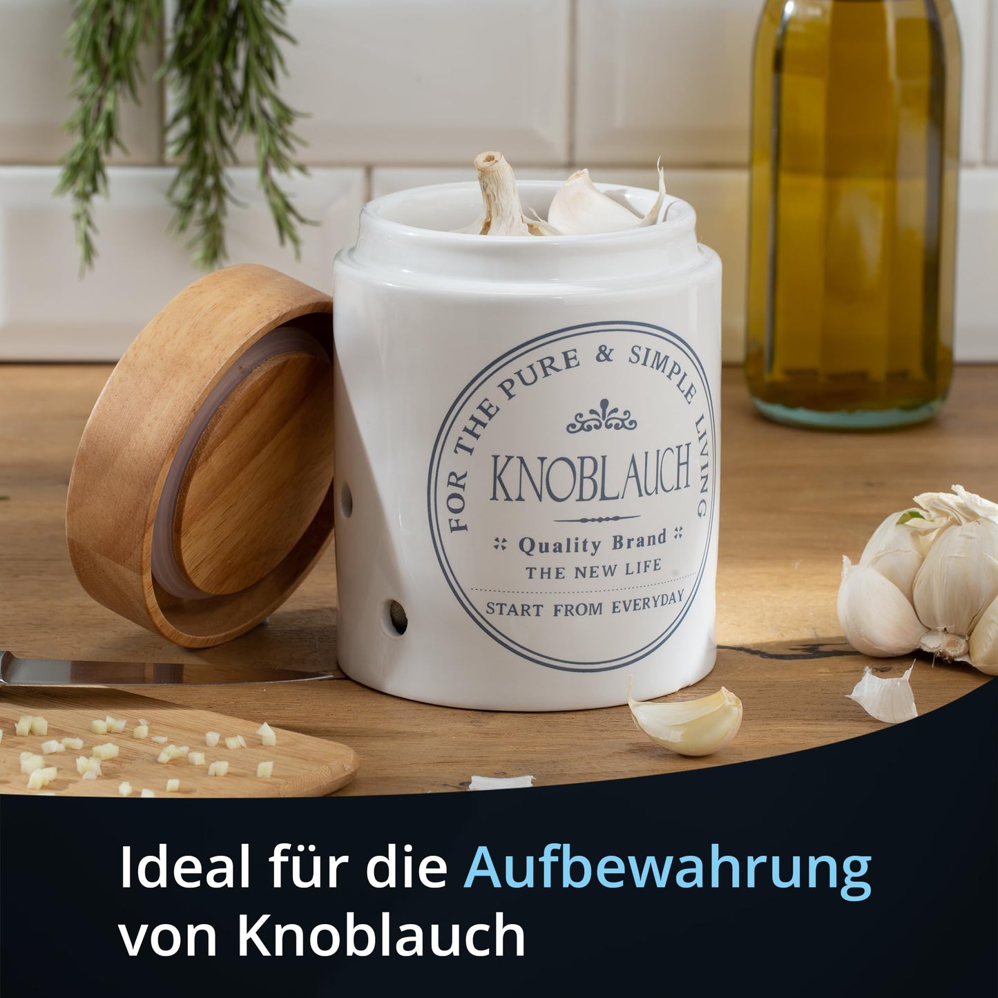 KHG Set of storage containers for potatoes, onions, and garlic, made of ceramic stoneware with white wooden lids, round storage containers labeled for potatoes, onions, and garlic.