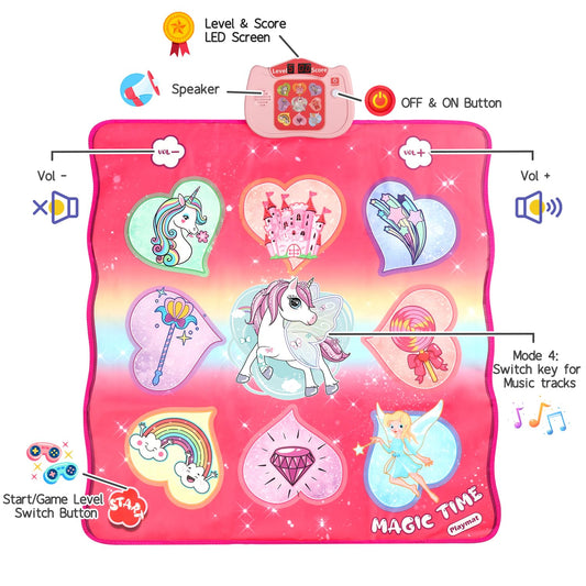 Unicorn dance mat toy, 3 challenge modes touch mat play with LED display, musical dance mat game for 3 4 5 6 7 8 years old girls boys