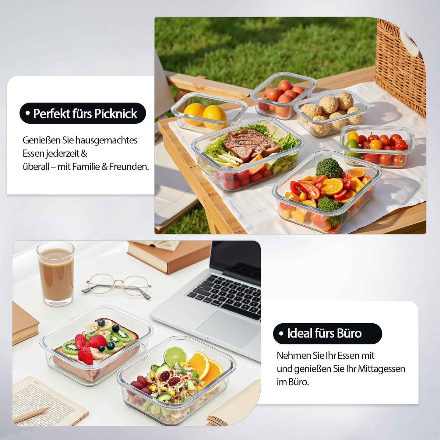 Glass containers with lids, storage container set, 20 pieces (10 containers, 10 lids), dishwasher safe, microwave & freezer safe, leak-proof, modern, food storage containers, fresh-keeping containers.