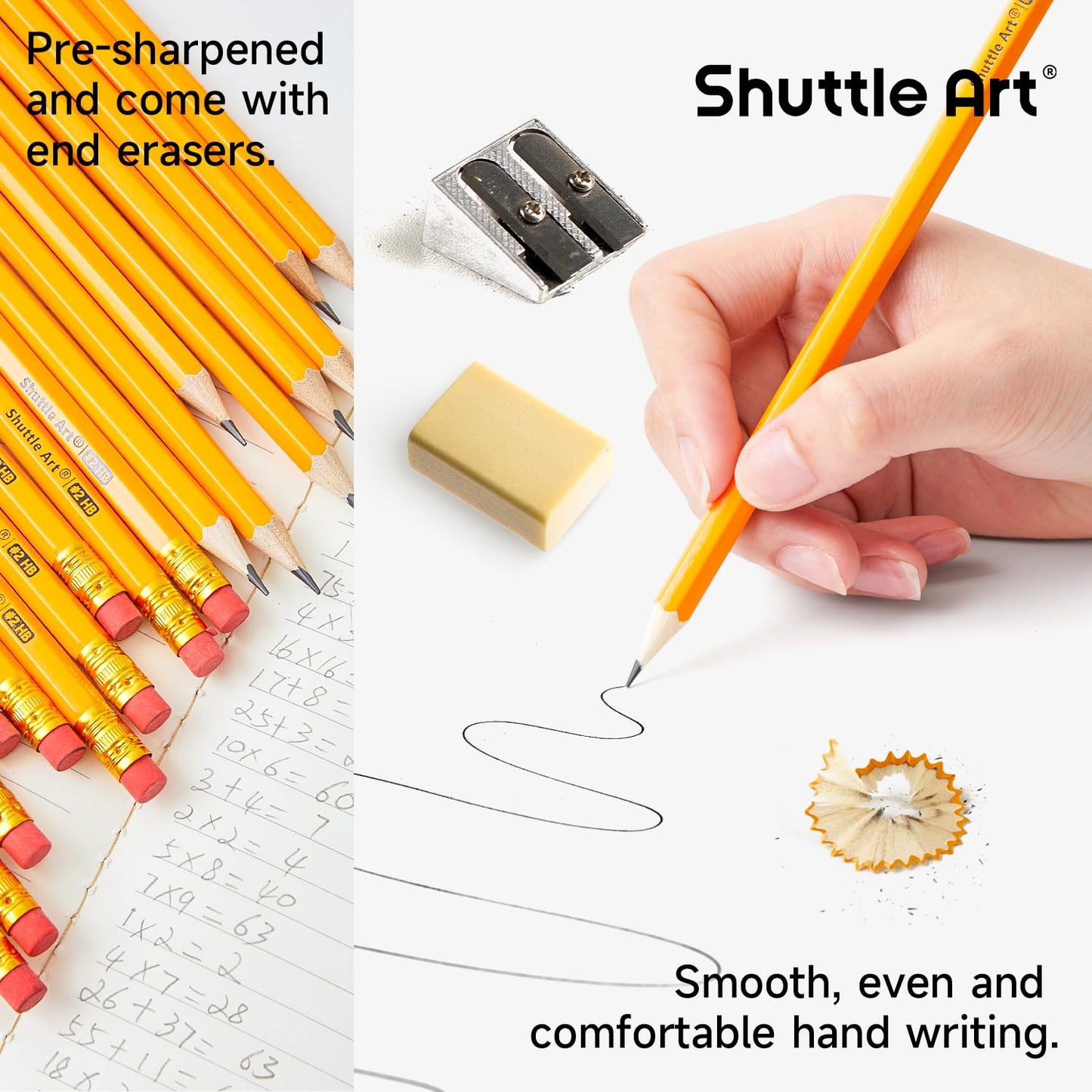 Shuttle Art HB pencils, 350 sharpened yellow pencils with eraser, graphite pencils in bulk packaging, classroom supplies for writing, drawing, and sketching.