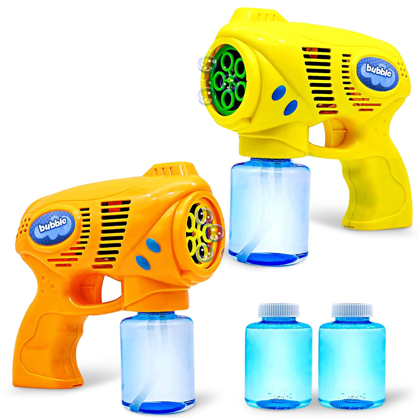 JOYIN 2 Bubble Guns for Kids with Bubble Solution (2 * 130 ml), bubble machine for parties, Bubble Gun for Halloween, indoor outdoor activities, Easter (yellow + orange)