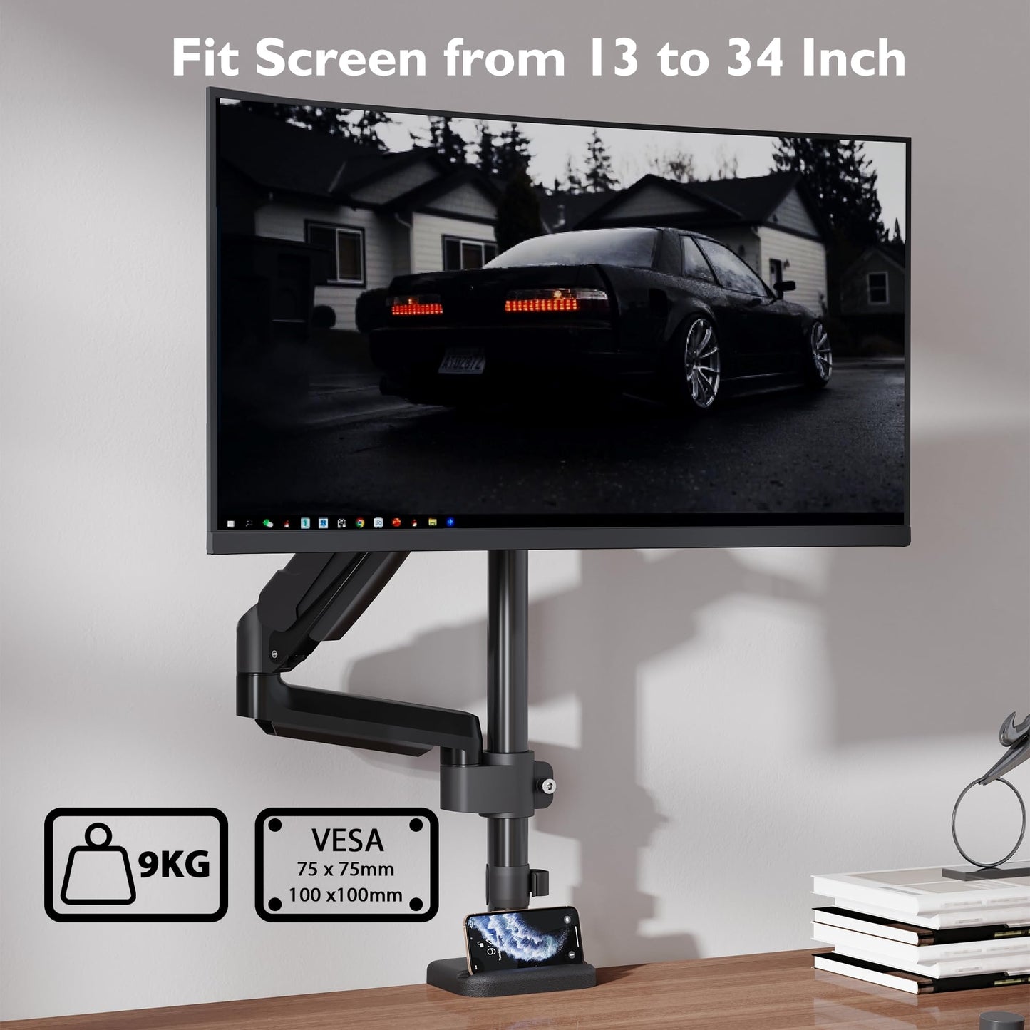 BONTEC Monitor Mount for 13-34 inch LCD LED Screen Holds 3-9 kg, Gas Spring Single Arm Monitor 360° Rotatable, Tiltable, Swivel Single Arm Stand Desk Clamp, VESA 75/100mm