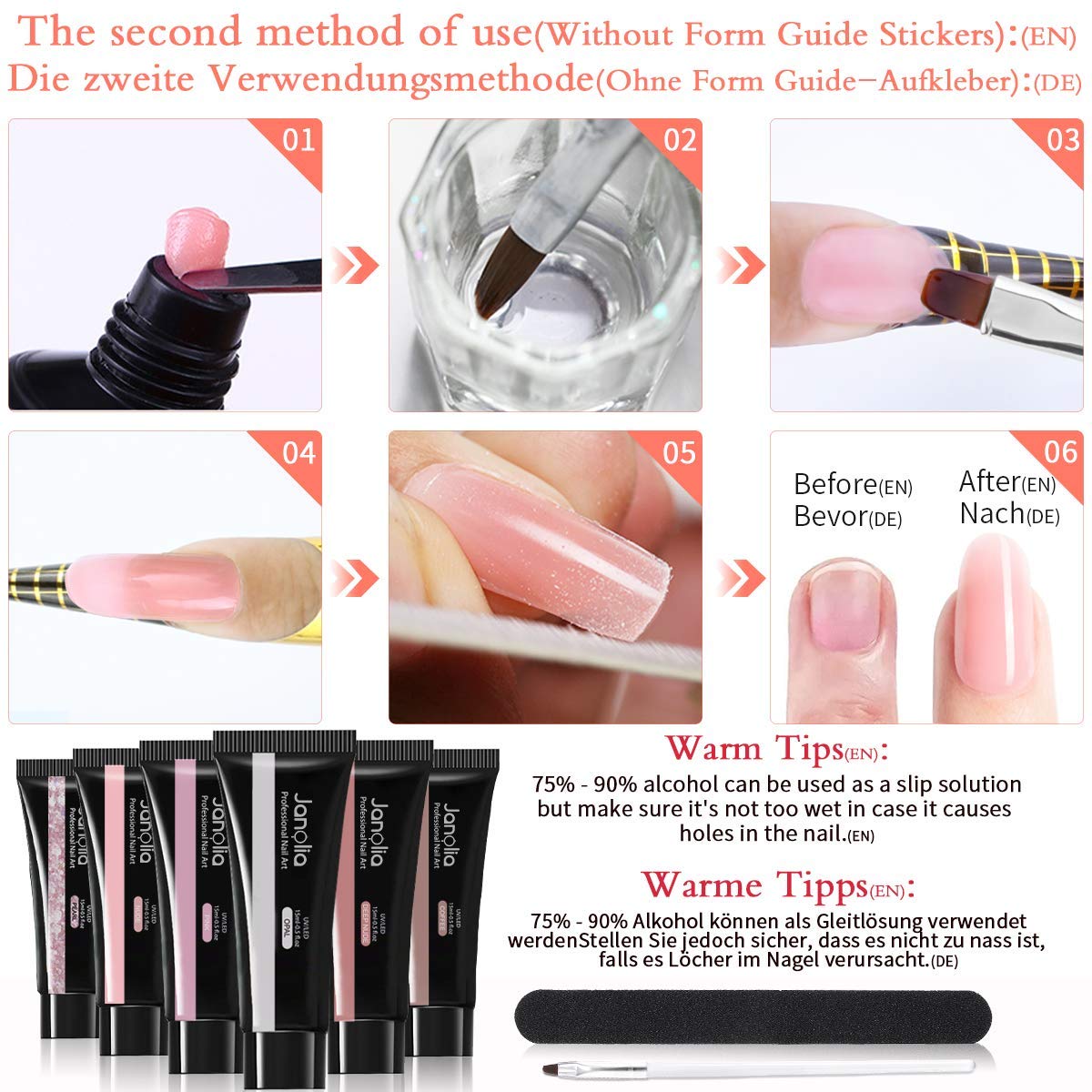 Janolia Nail Extension Kit for nails, Gel Builder Nails Starter Set for nail design with 15ml * 6 colors nail extension gel, base coat, top coat, very suitable for beginners.