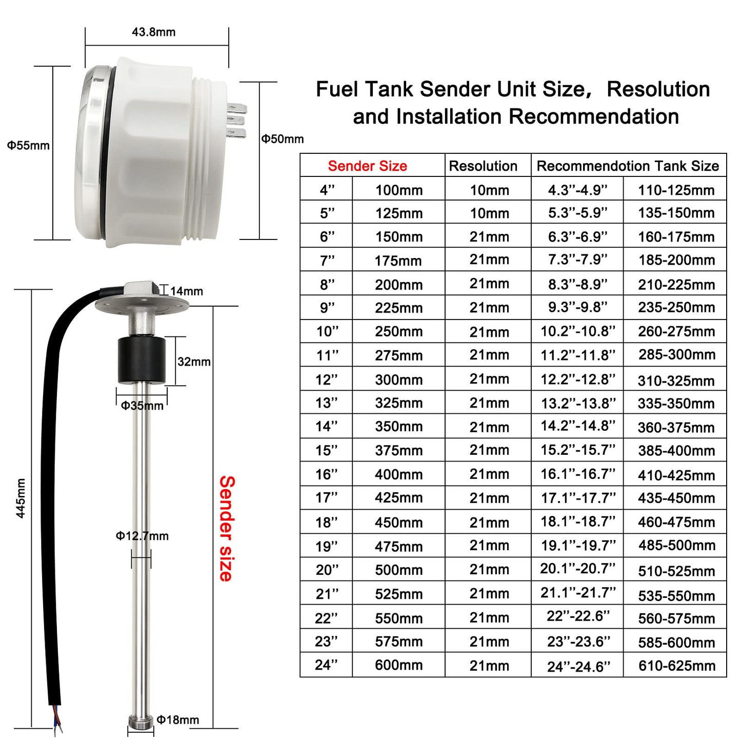 KAOLALI Fuel Level Sensor with Fuel Gauge, Boat Fuel Sender, Fuel Water Level Sensor, Stainless Steel Fuel Tank Sending Unit 0-190 Ohm 175mm for RVs, Boats, Cars