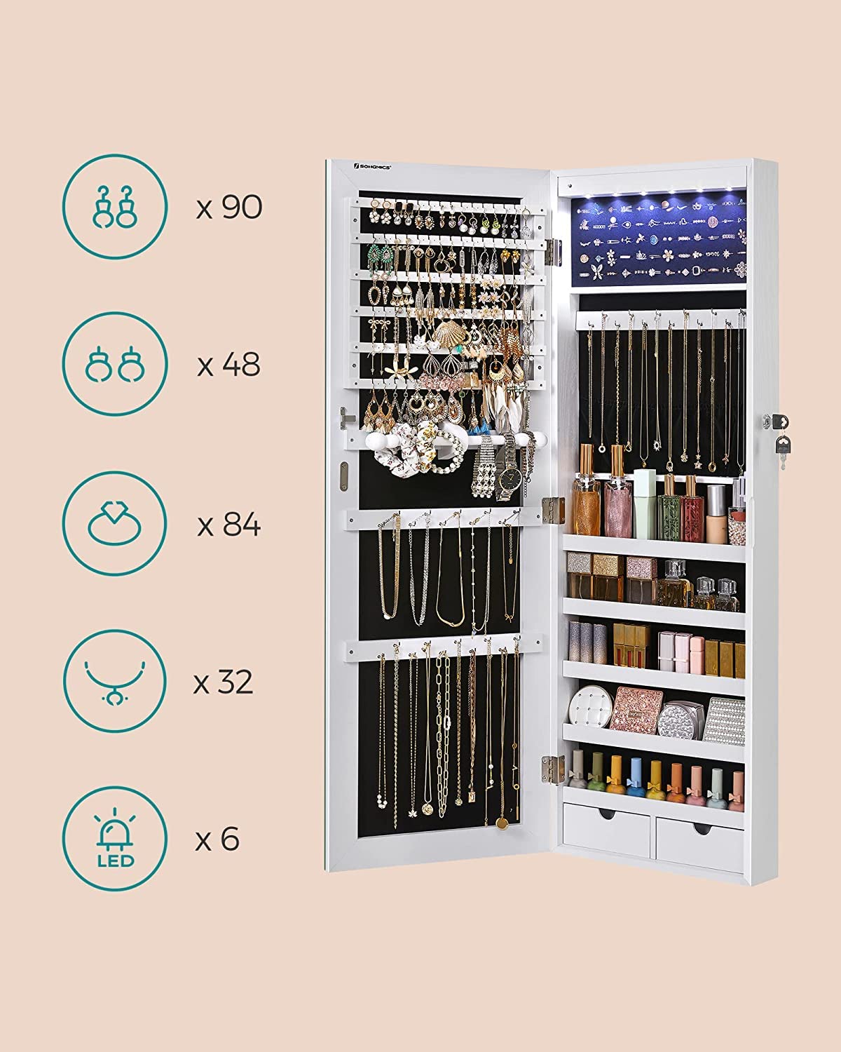 SONGMICS Jewelry Cabinet with Full-Length Mirror, Jewelry Storage with 6 LED Lights, Hang on Door or Mount on Wall, Large Capacity, 2 Drawers, White JJC99WT