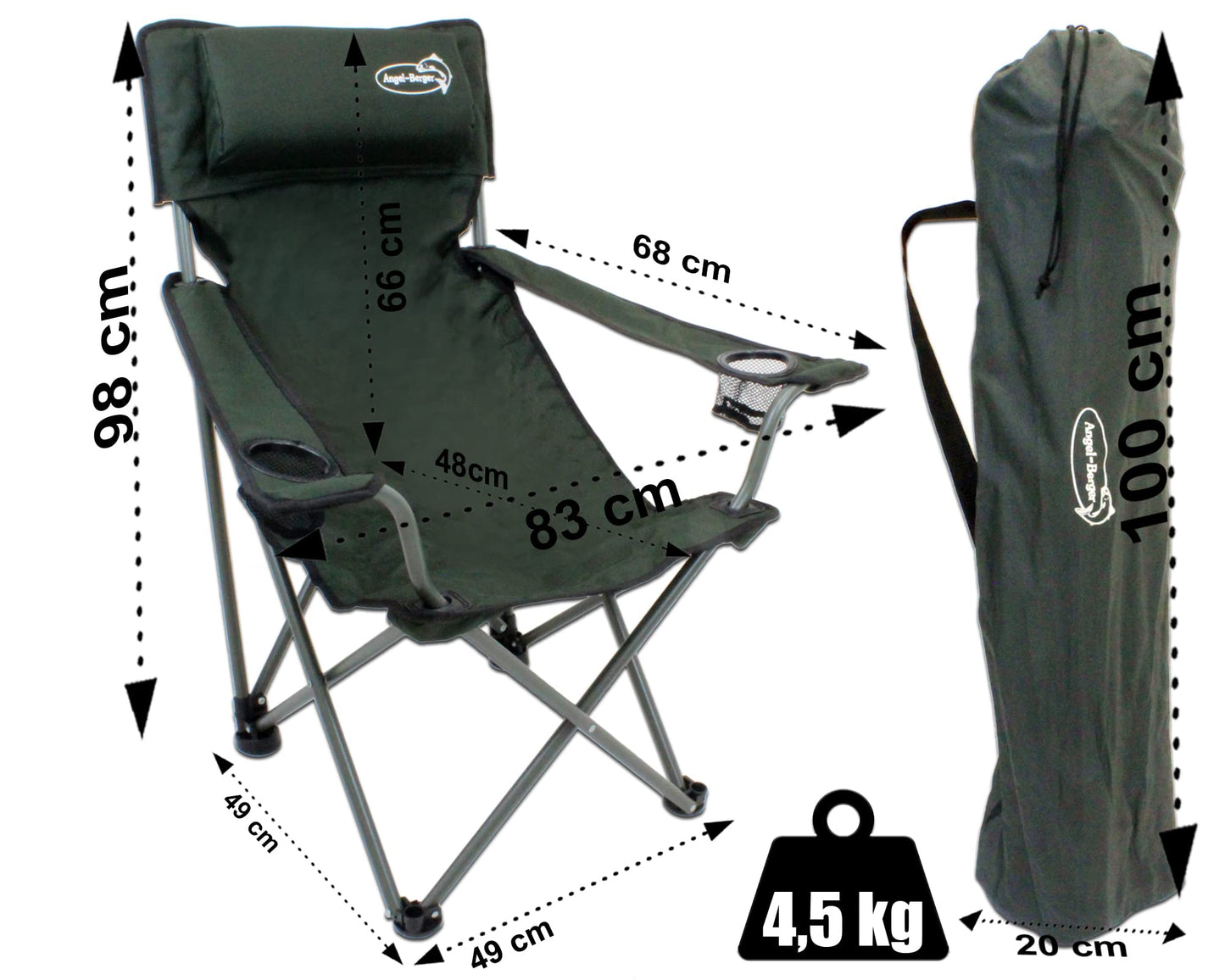 Luxury folding chair with drink holders, padding, and armrests in green.