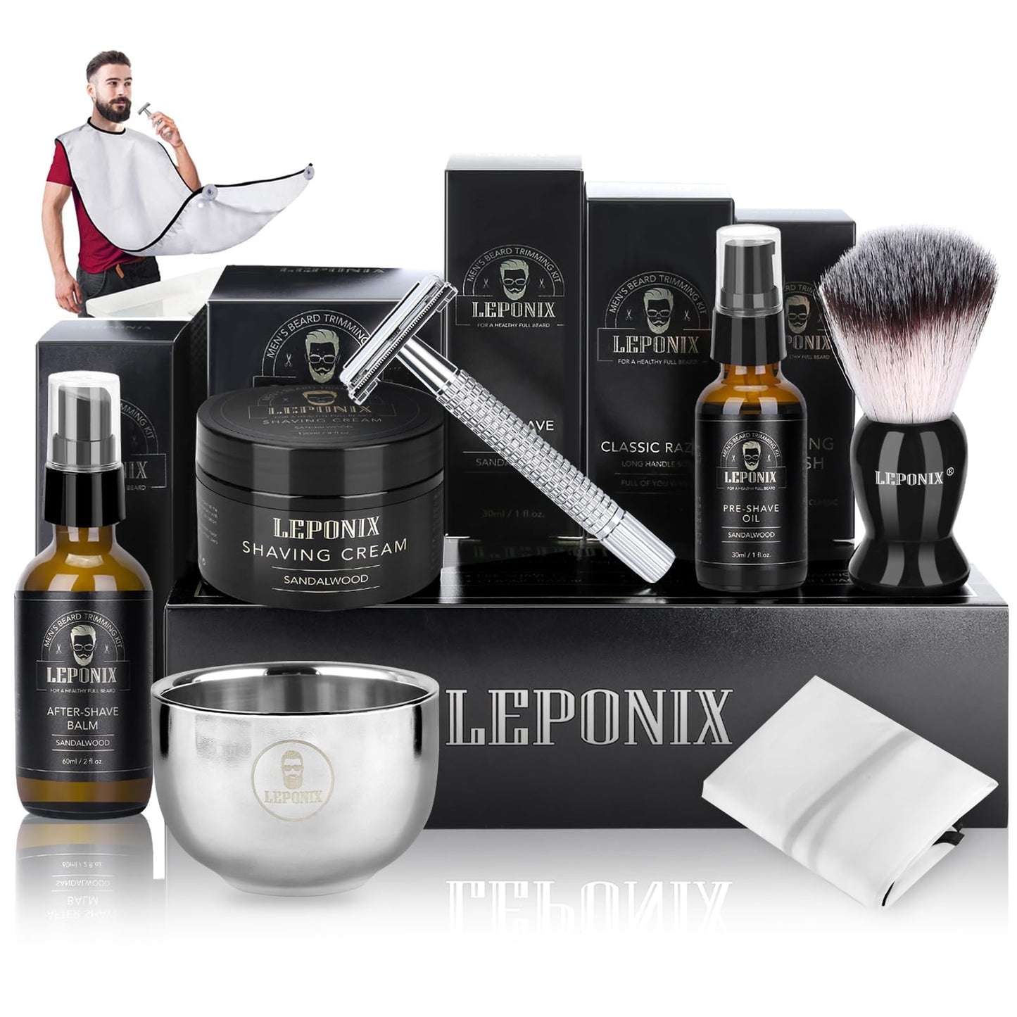 Wet Shaving Set for Men includes Safety Razor, Shaving Brush, Shaving Cream, After Shave Balm, Pre Shave, Shaving Bowl, Shaving Apron, Razor Handle Gift Set Men.