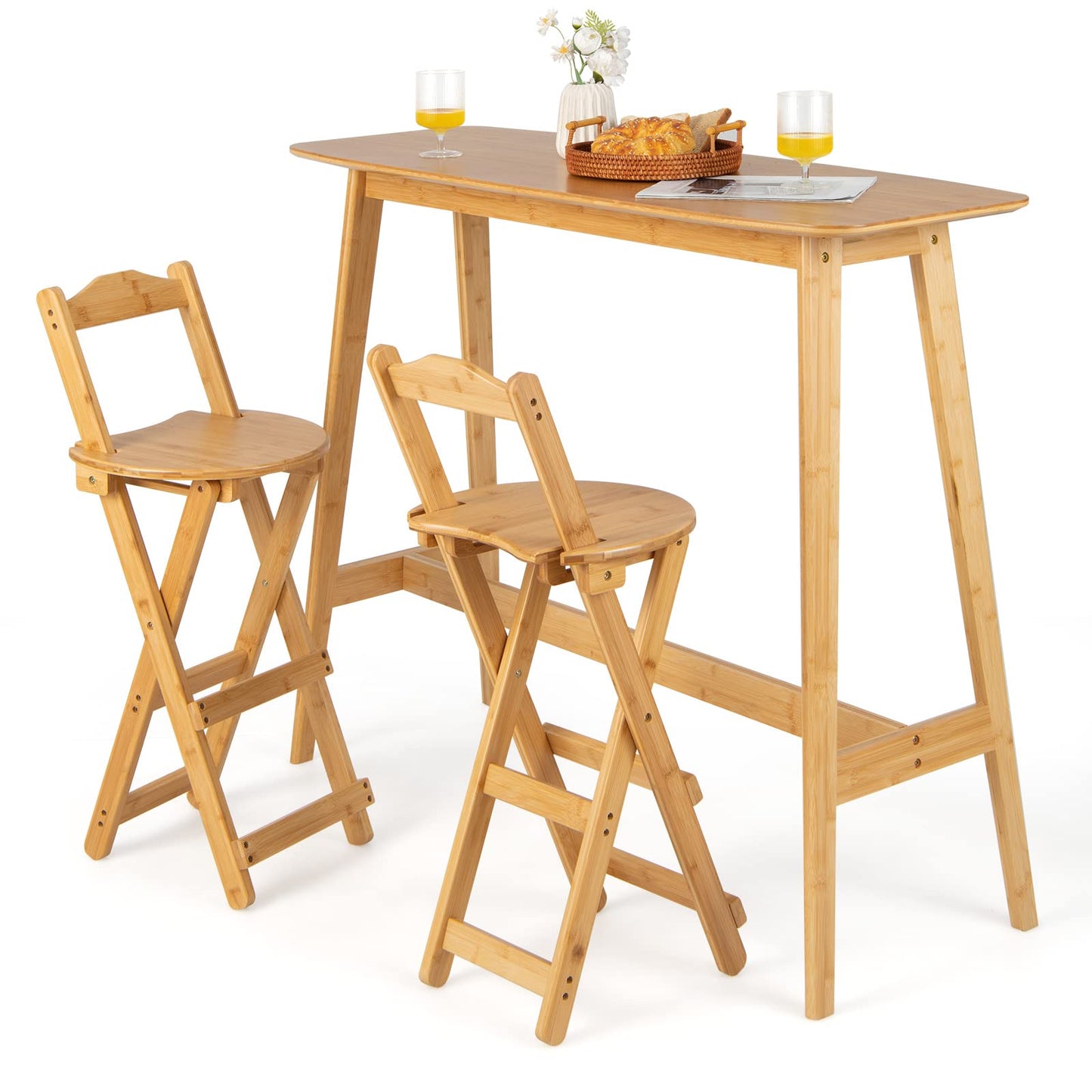 LIFEZEAL folding bar stools, set of 2 bamboo bar chairs, kitchen counter stools with backrest & footrest, folding bistro stools with heart-shaped seat, perfect for bars & kitchens, natural color.