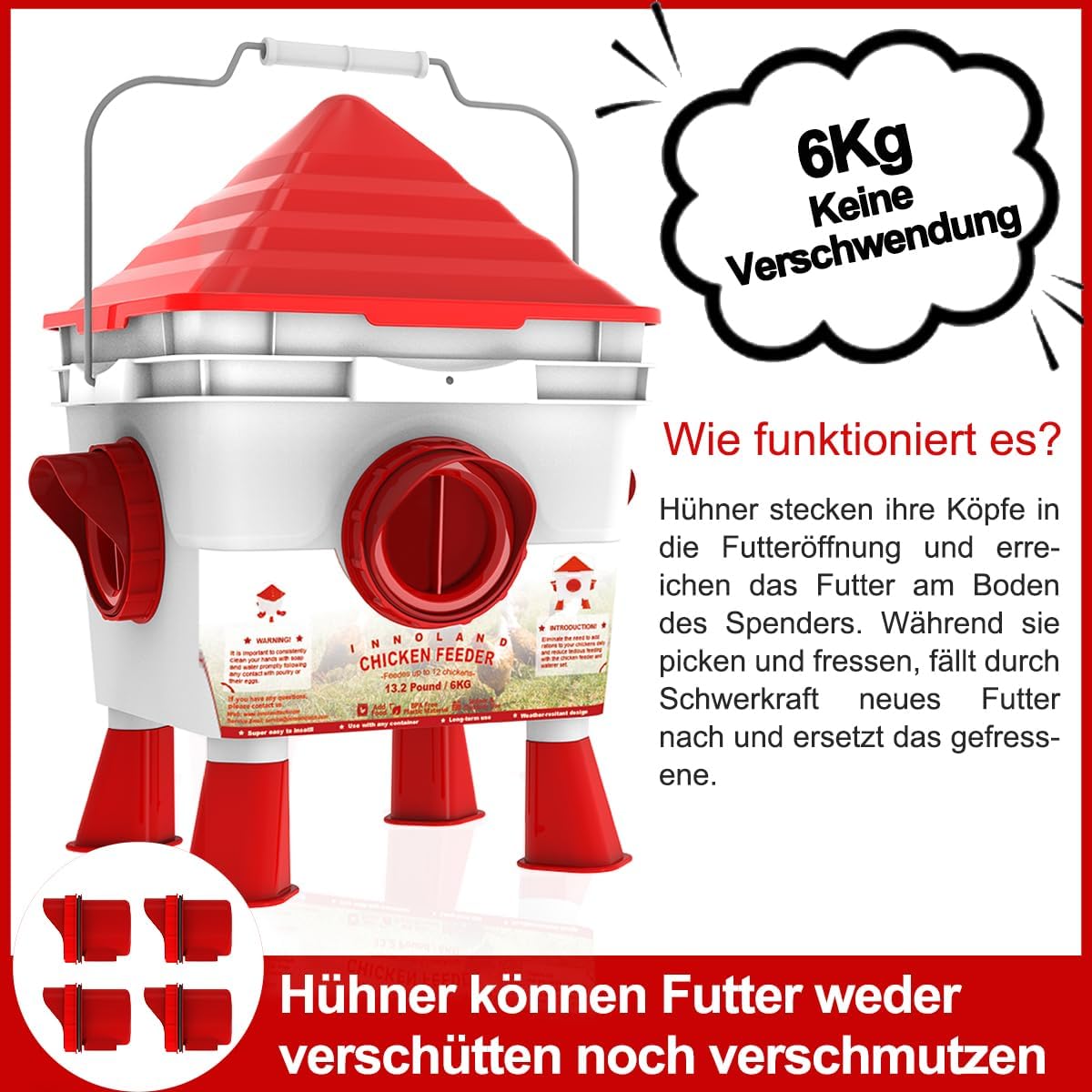 INNOLAND Chicken Feeder and Drinker Set, 6kg/8.5L | Automatic water supply and chicken feeder for poultry with 4 openings/4 bowls, adjustable legs, and steel chains