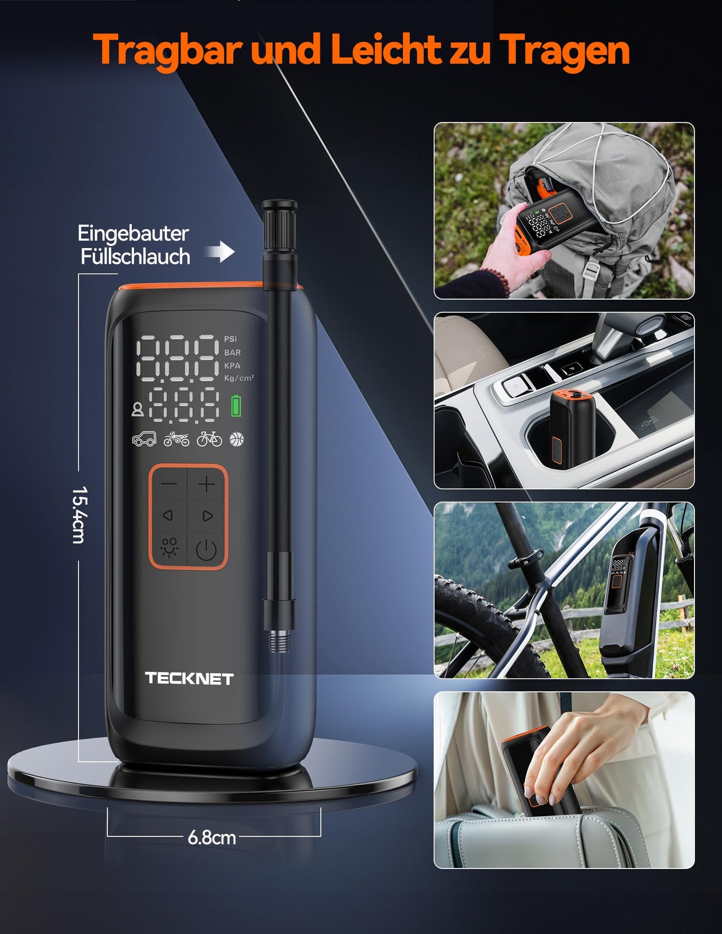 TECKNET Battery Compressor 6000mAh, Electric Air Pump 150 PSI, Electric Bike Pump, Air Compressor with Pressure Gauge for Cars, Bikes, Motorcycles, Balls, Power Bank, and Flashlight Function.