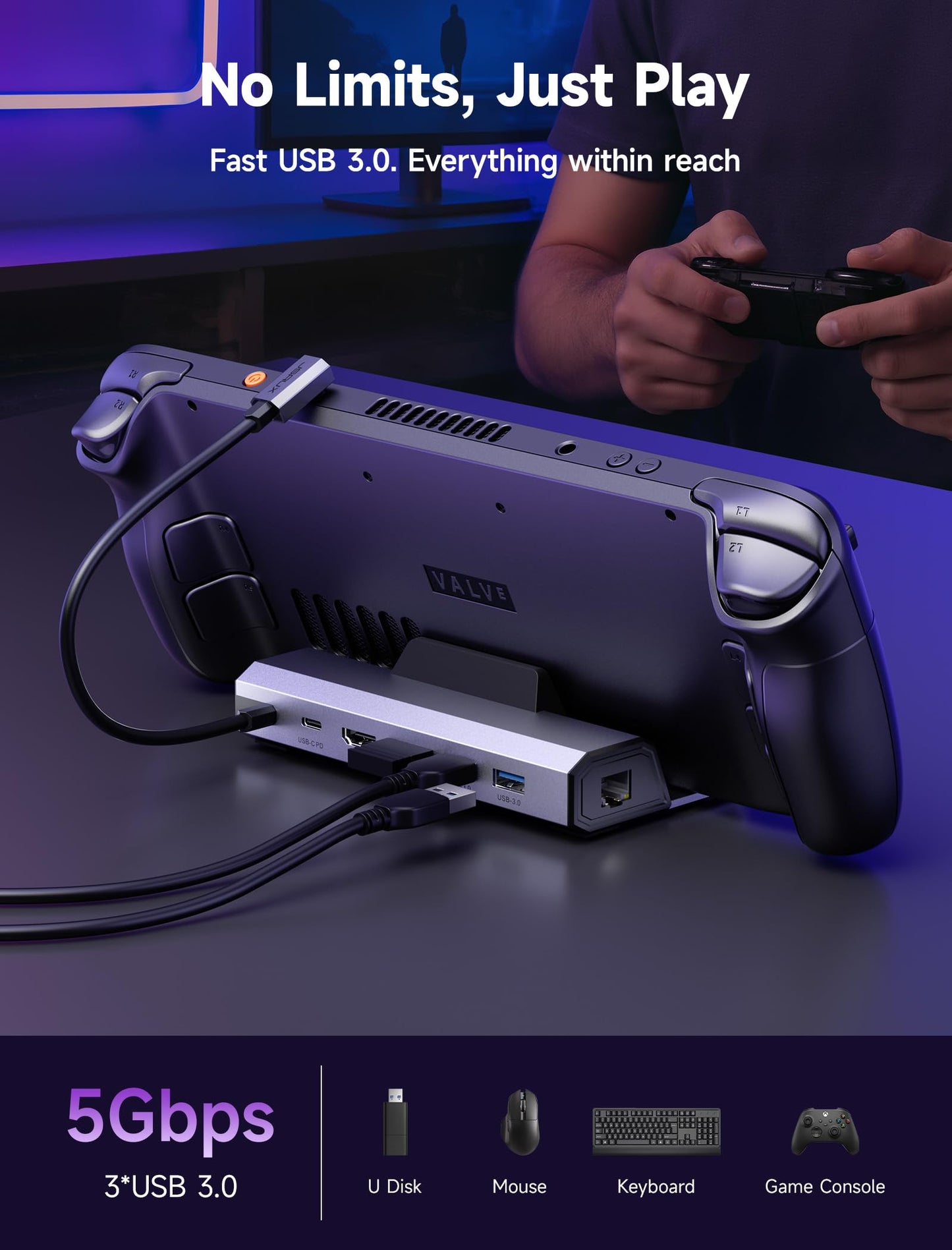 JSAUX Upgraded Steam Deck Dock, 6-in-1 docking station for Valve Steam Deck/OLED/ASUS ROG Alloy X/Lenovo Legion Go (S/2)/MSI Claw, HDMI 4K@120Hz, three USB 3.0, Gigabit Ethernet, 100W charging - HB0603.