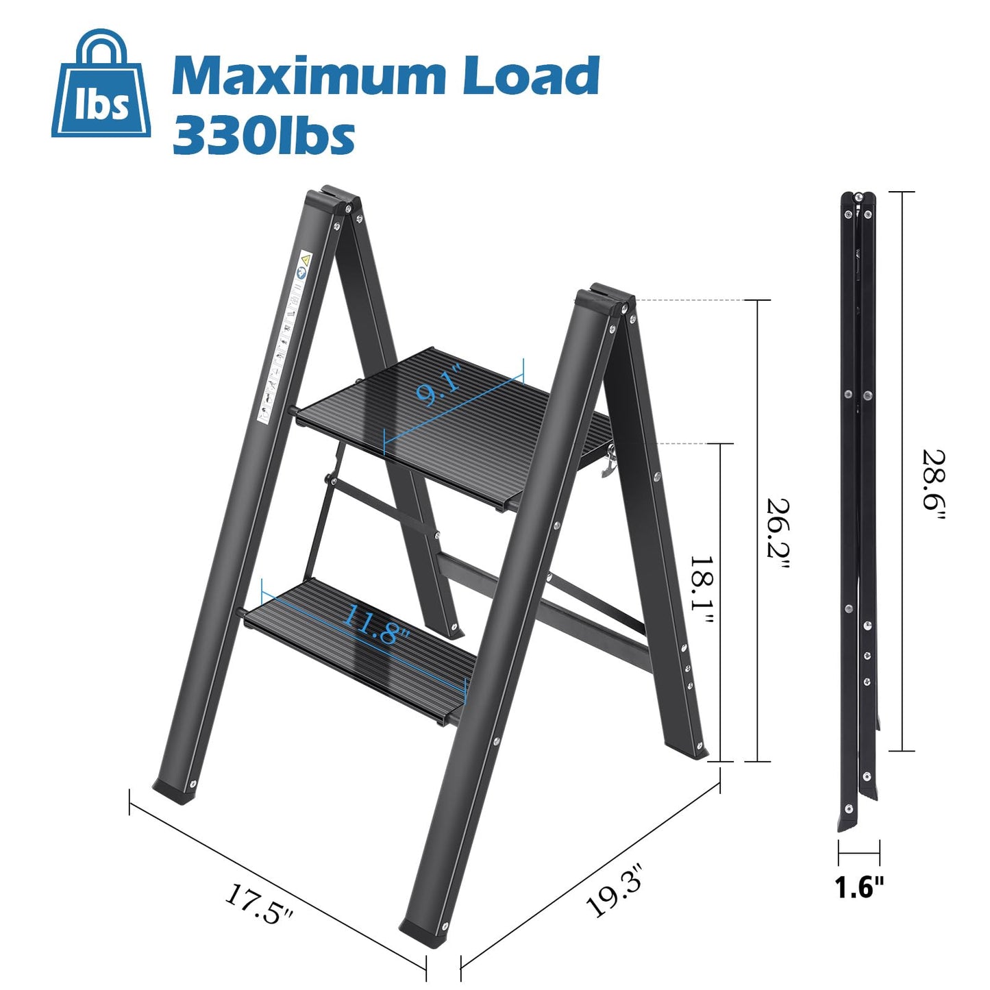 KINGRACK Step Ladder, 2 Step Stool, Folding Step Ladder with Handrail, Non-Slip Household Ladder with Folding Lock, Black Aluminum Step Stool