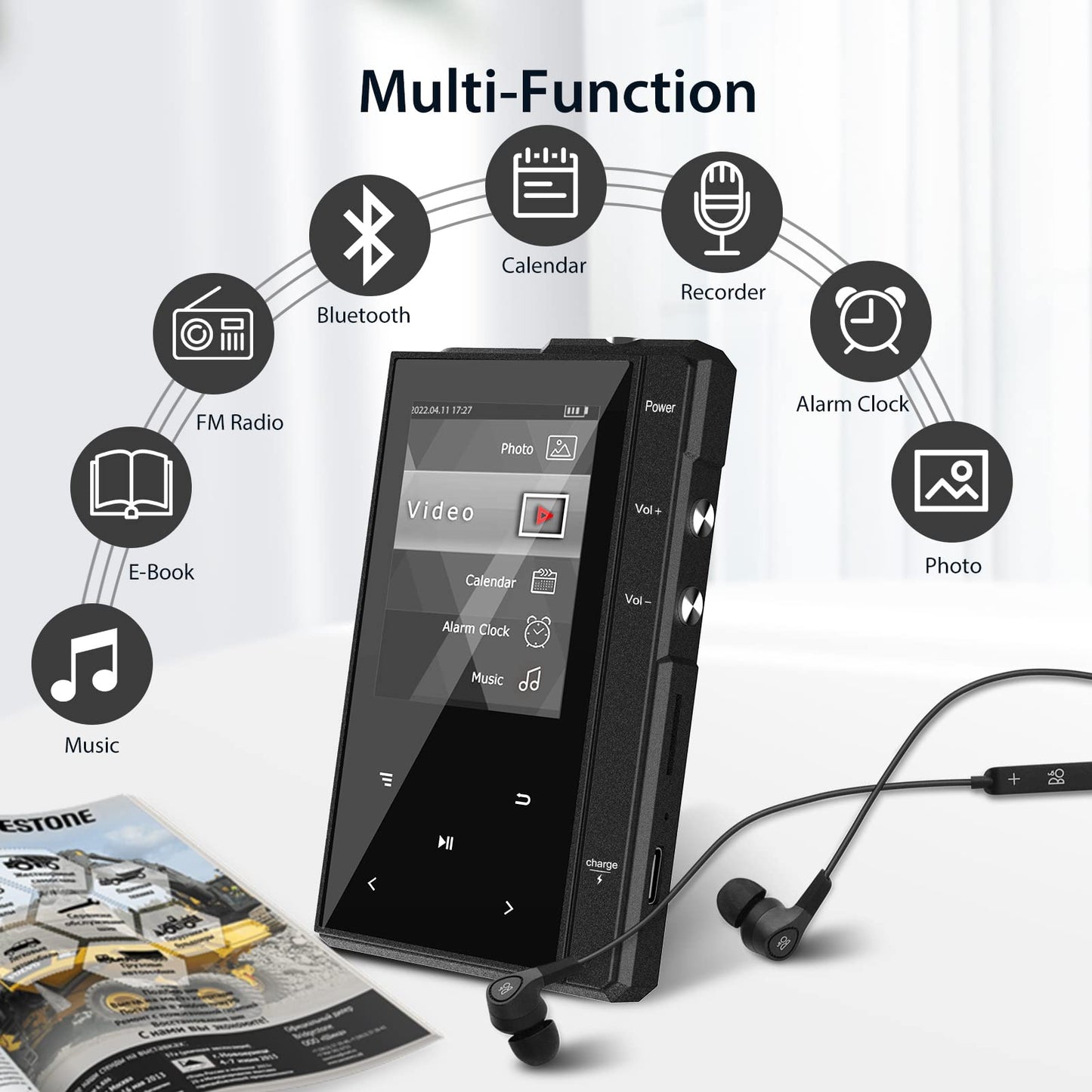 32GB MP3 player with 90 hours battery life, Bluetooth 5.0, Phinistec Z6 digital audio player with speaker, 2.4 inch IPS portable music player, FM radio, voice recorder support up to 256GB.