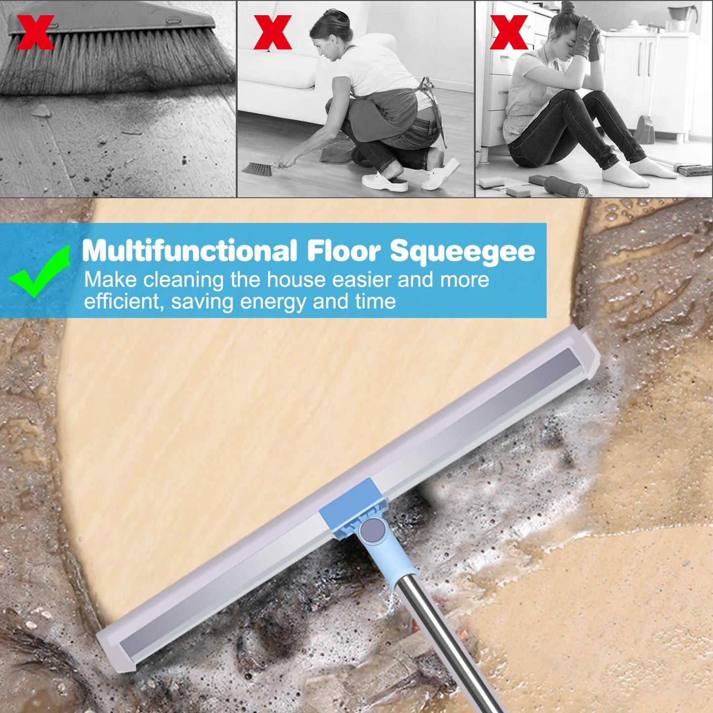 Wiseten water squeegee floor wiper - squeegee floor shower with extra durable 50cm rubber blade, telescopic handle 130cm water squeegee window squeegee for wood, glass, concrete, tile shower