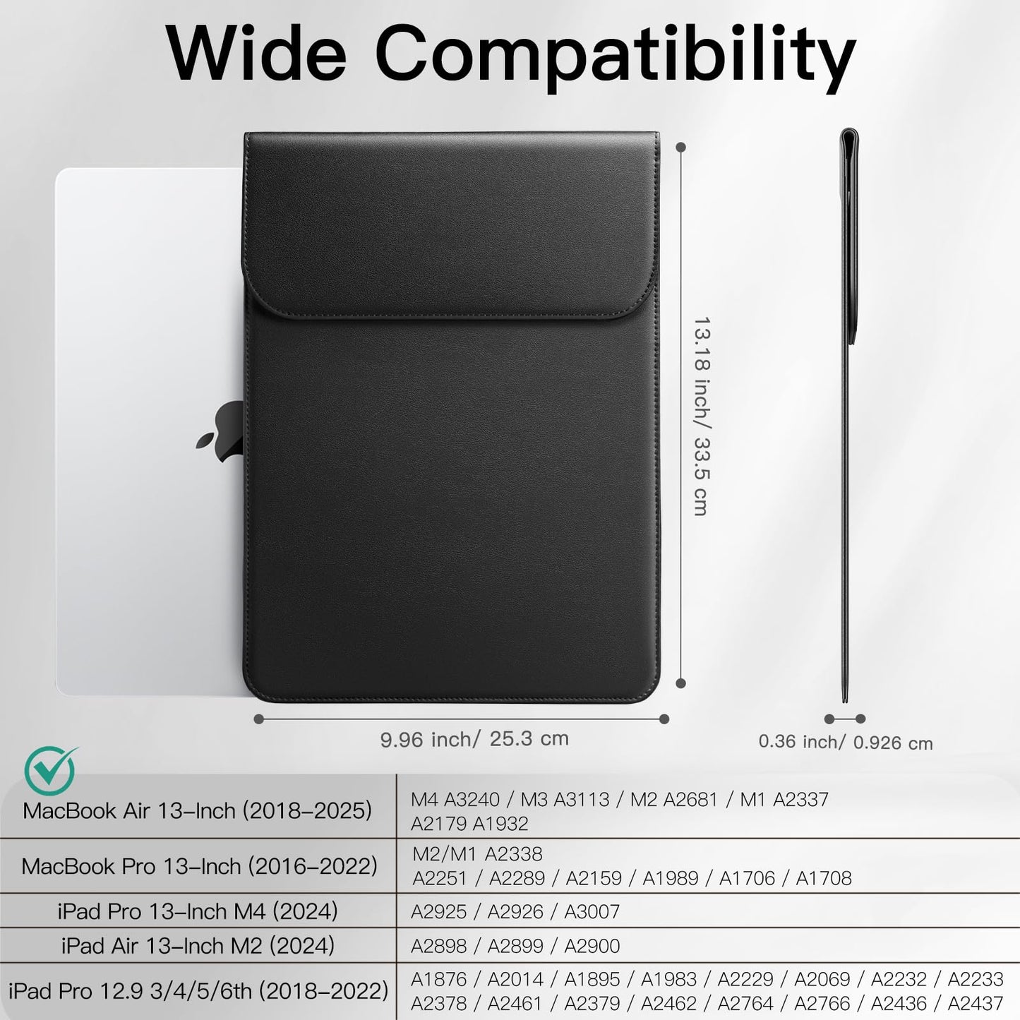 JETech Slim Laptop Sleeve Case for MacBook Air 13-inch (M4/M3/M2) 2022-2025, MacBook Pro 13-inch (M2/M1) 2016-2022, PU Leather Bag (Black)