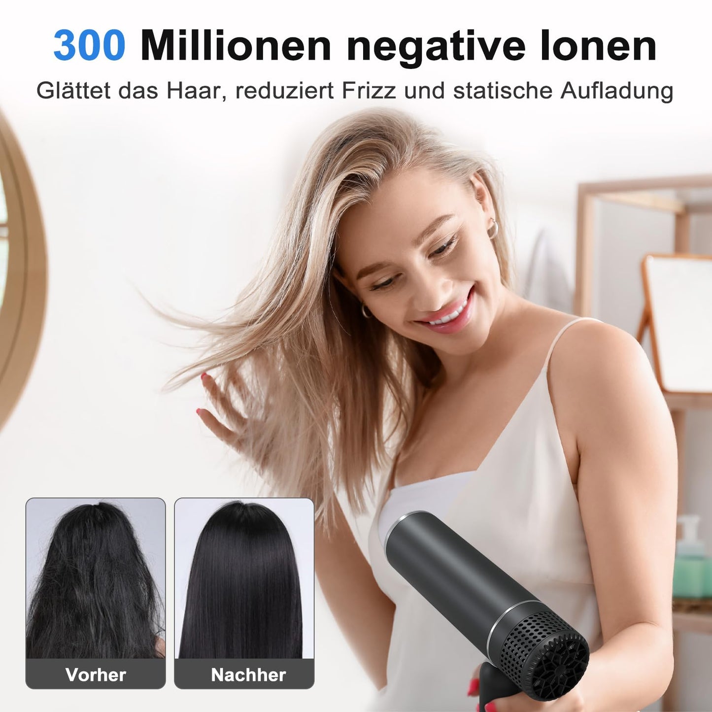 7MAGIC hair dryer with diffuser, foldable travel hair dryer, 30% faster drying, 300 million ions, 99% hair protection, overheating protection, 1600W, ultra-lightweight for all hair types, black.