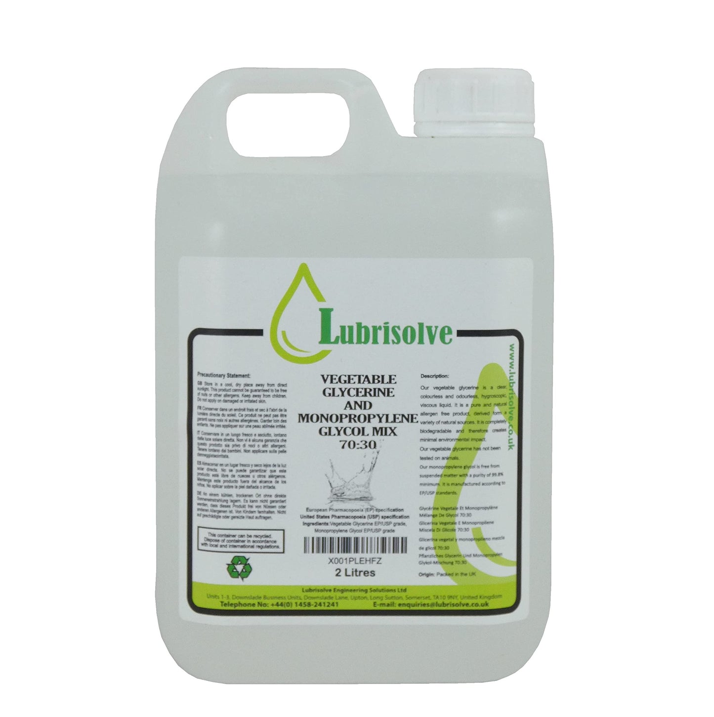 70:30 VG:PG Vegetable Glycerin: Monopropylene Glycol Mix EP/USP quality, non-GMO, colorless & odorless, 2 liters