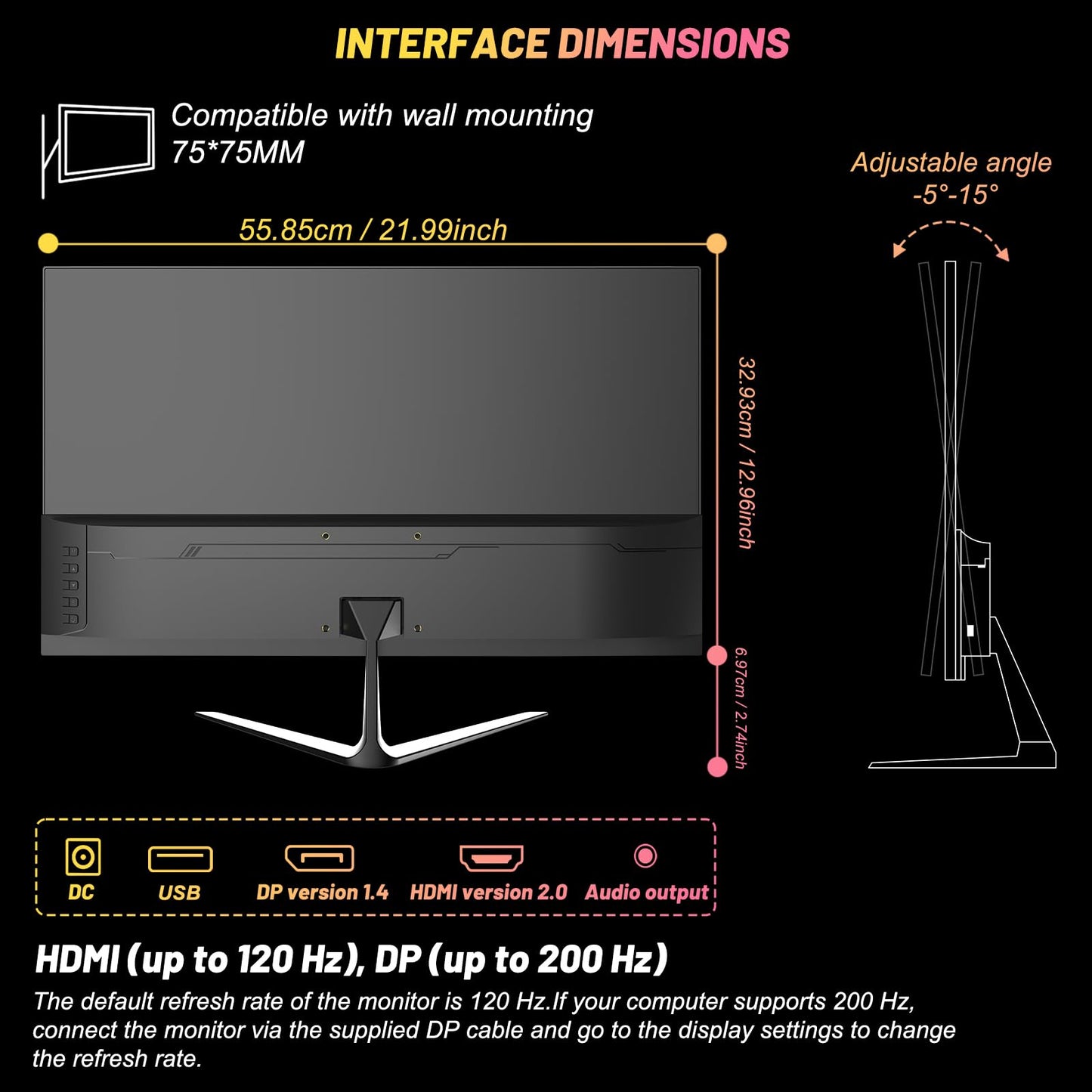 LXZ 24.5-inch gaming monitor with 200Hz refresh rate, Full HD 1080p resolution, 1ms response time, DP/HDMI inputs, eye care technology, and wall mount compatibility.