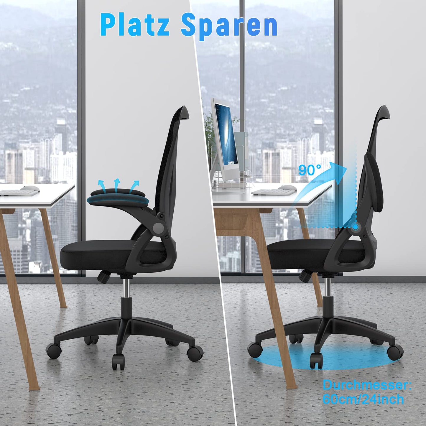 Rattan office chair, ergonomic desk chair with lumbar support, adjustable armrests, height adjustable, swivel chair with breathable backrest for office workspace, black.