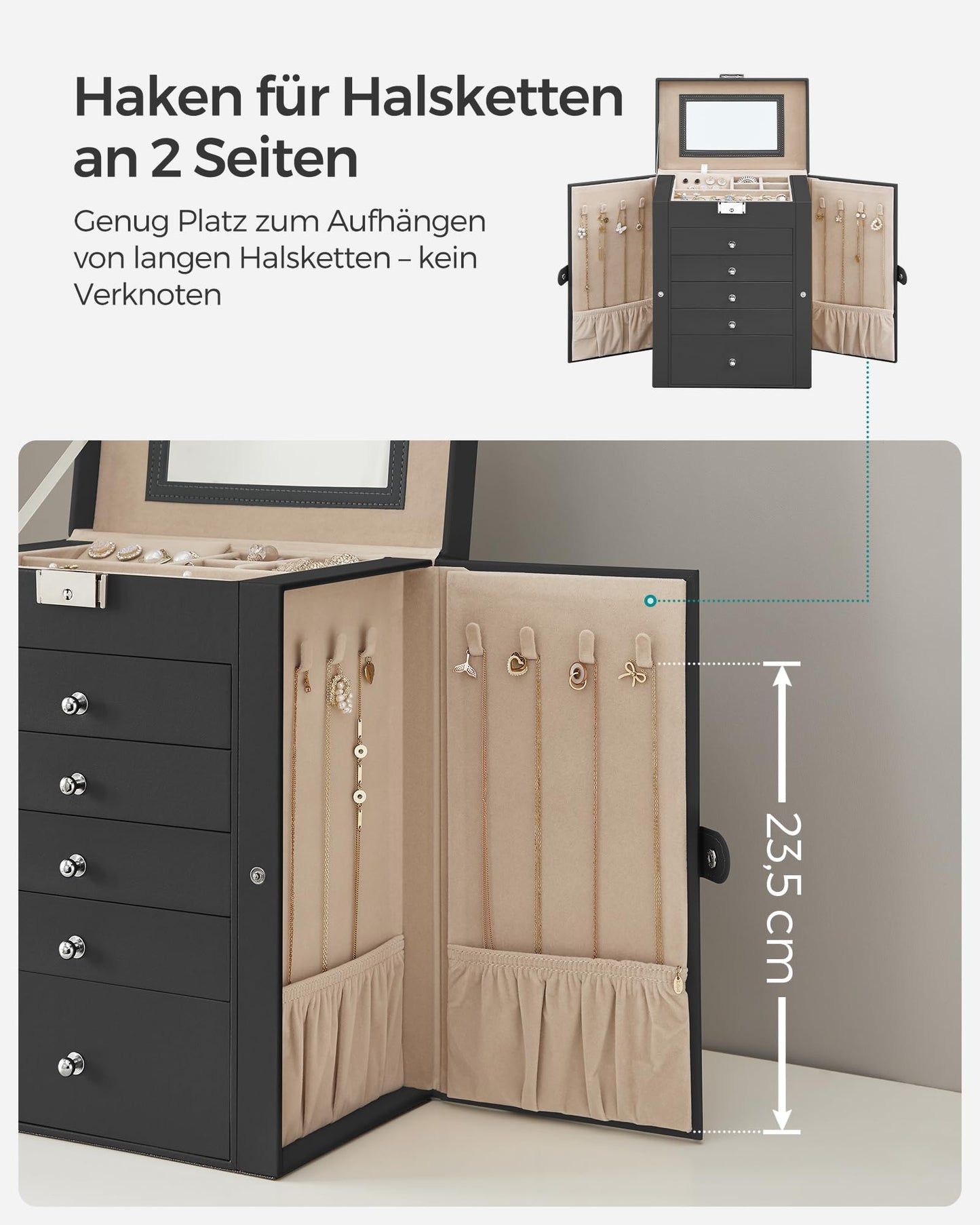 SONGMICS Jewelry Box 6-Tier, Jewelry Case with 5 Drawers, ample storage, interior mirror, lockable, jewelry storage, gift for your loved ones, for watches, black JBC152B01
