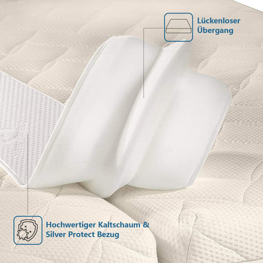 PROCAVE double bed bridge with Silver Protect cover 25 x 200 cm, a mattress gap filler connects two mattresses to one large sleeping surface, comfortable for restful sleep. Made in Germany.