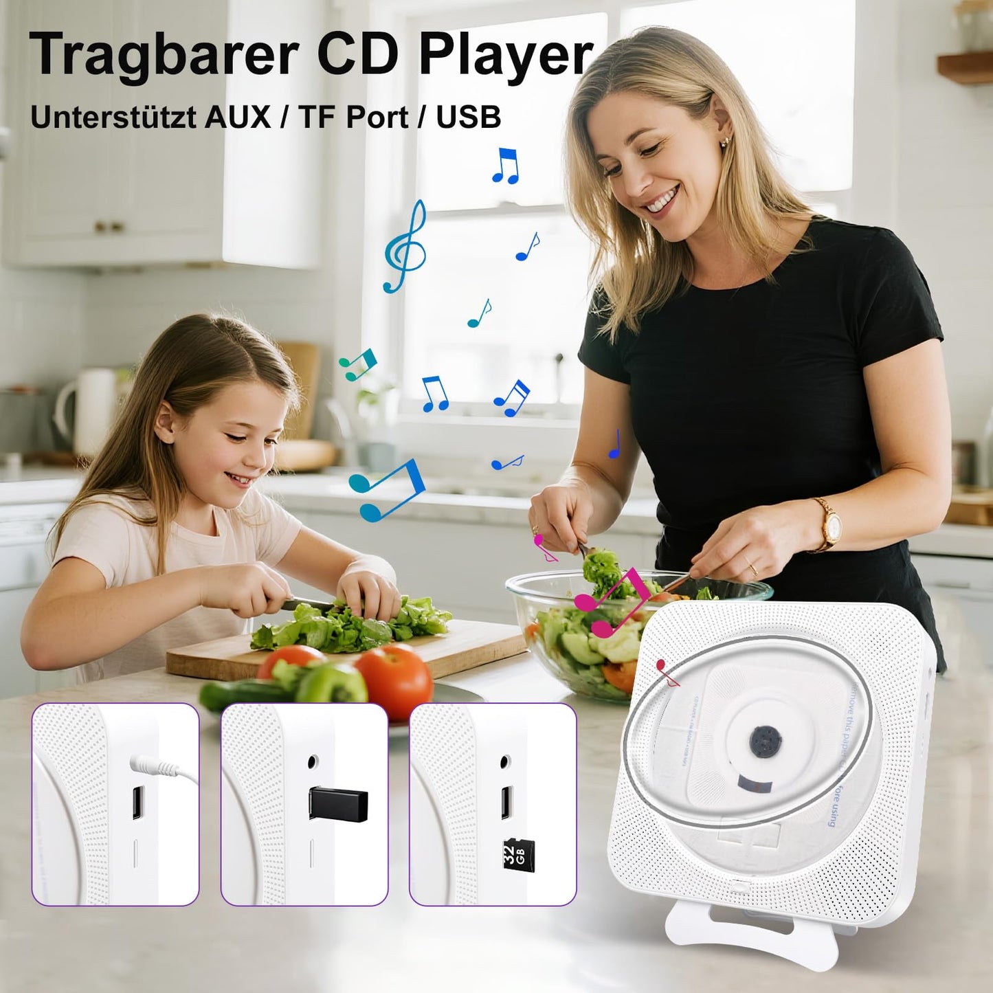 Canareen CD Player Bluetooth, Portable CD Player with Speaker, Front Display FM Radio CD Player Built-in, supports AUX/USB, Timer, Headphone Jack for Gift, Home, Kids, White