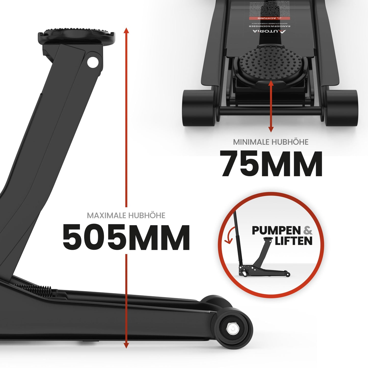 3T hydraulic jack - Low-profile floor jack with 2X rubber pad & dual piston - Quicklift from 75 mm lifting height - for cars, vehicles & SUVs - up to 3 tons lifting capacity - professional jack.