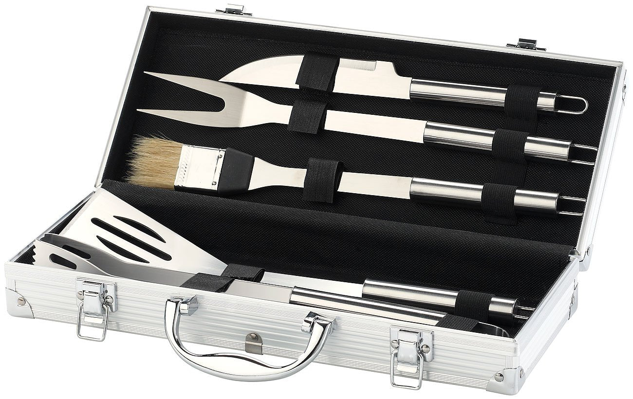 Rosenstein & Söhne Grill Case: Stainless Steel BBQ Tools in Aluminum Case (BBQ Tool Set, Grill Utensils, Men's Gift)
