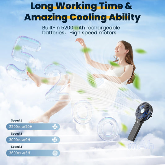 HandFan 5200mAh Battery Operated Handheld Fan Portable Hand Fan with Powerbank USB 180° Foldable Desktop Fan Personal 3 Speed Fan for Office Home Outdoor Camping Stroller