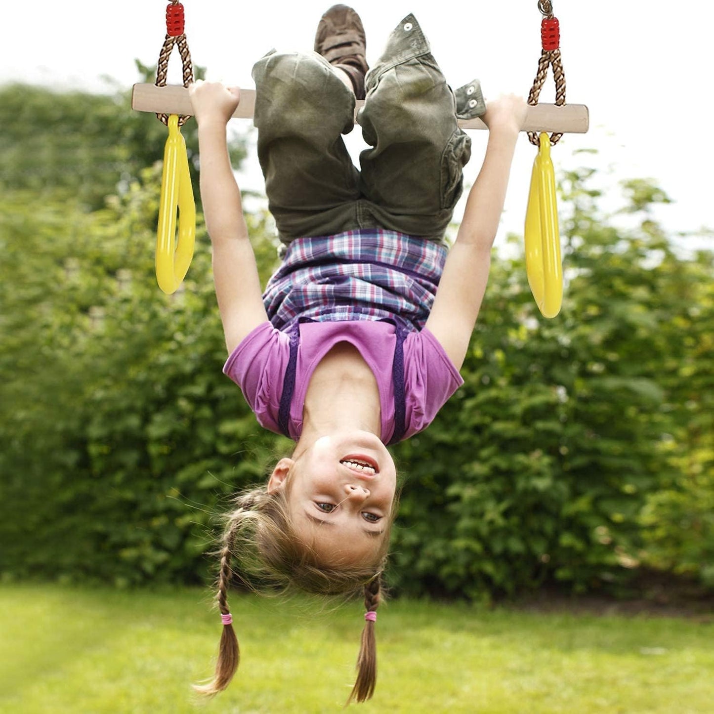 PELLOR Multifunctional Kids Wooden Trapeze Swing with Plastic Rings (Yellow)