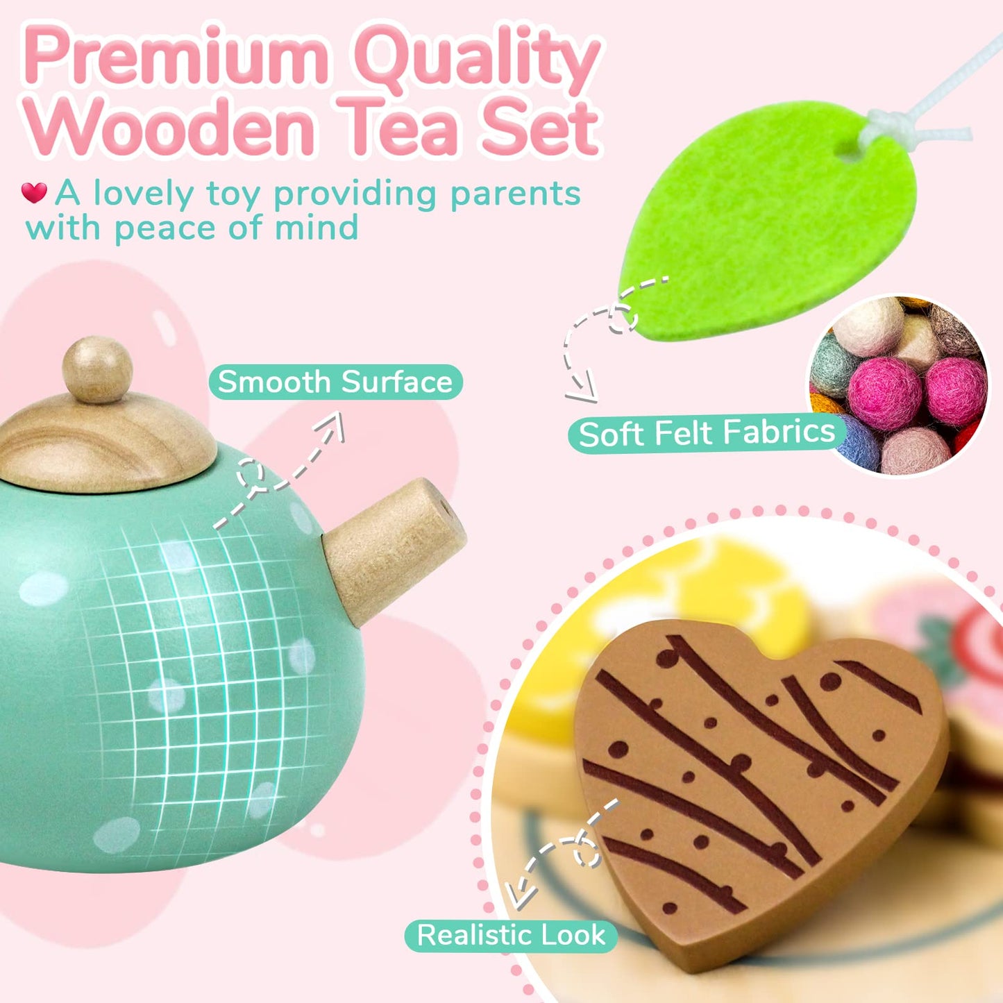 Airlab tea set children's kitchen accessories, wooden toy tea set, tea party play kitchen role play, wooden kitchen games, gift for kids girls boys.