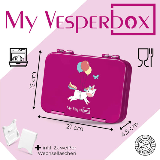 My Vesperbox - Len - Bento Box Kids - Lunchbox with 4+2 compartments - extremely durable - lunchbox - ideal for kindergarten and school... (Purple - Unicorn)