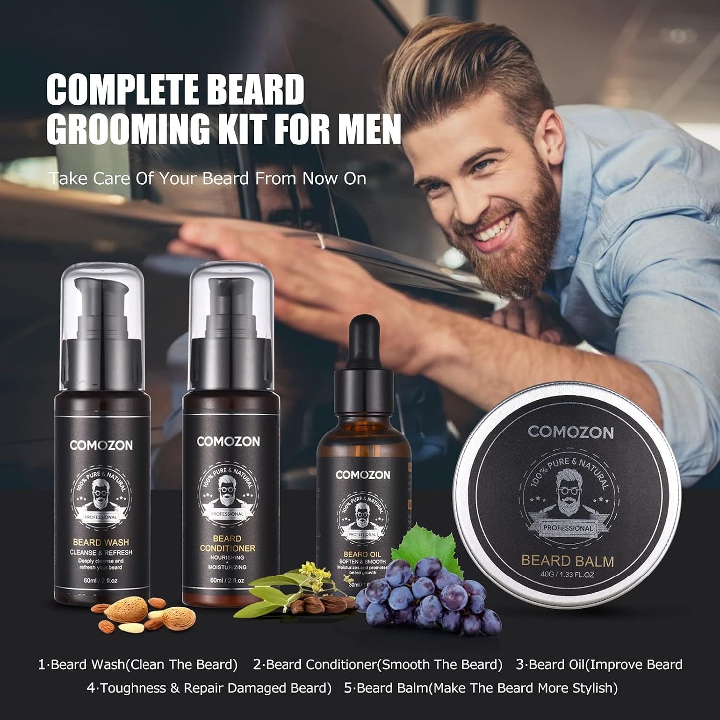 Comozon 12-in-1 Beard Care Set with Beard Roller, Beard Growth Kit with Beard Shampoo Beard Oil Beard Balm Razor Beard Brush Beard Comb Beard Scissors, Gifts for Husband, Boyfriend, and Dad