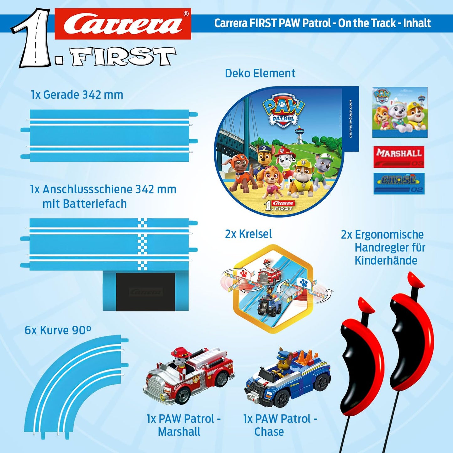Carrera 369-3033 FIRST PAW PATROL On the Track 2.4m Race Track Set | 2 remote-controlled vehicles featuring Chase and Marshall | includes hand controller & track pieces | toy for kids 3+ years old