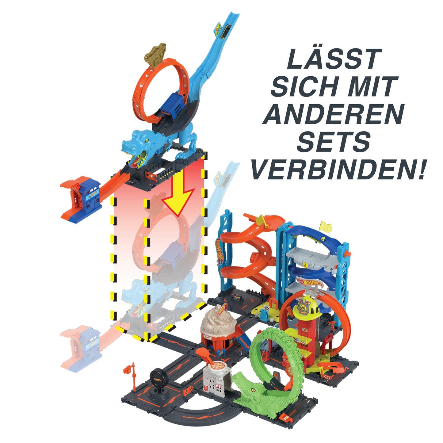 Hot Wheels City T-Rex Attack - Skill through precise timing, police station, loop, dinosaur, cross-eyed, for kids ages 4 and up, HNP77