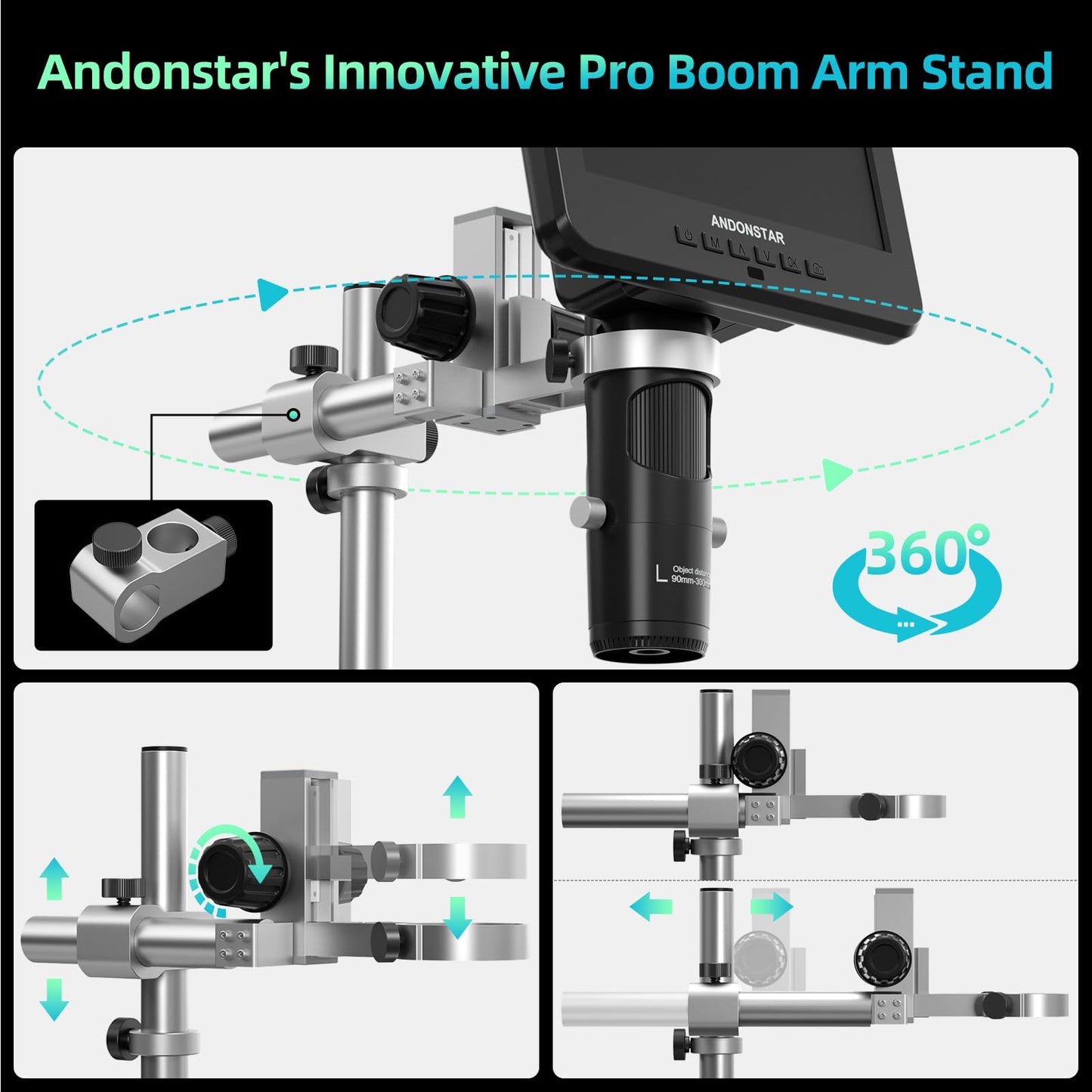 Andonstar AD246S-M Plus 7'' HDMI soldering digital microscope for electronics repairs, 2000x 3 lens 2160P UHD video recording, soldering microscope station with helping hands, coin microscope, 32GB card.