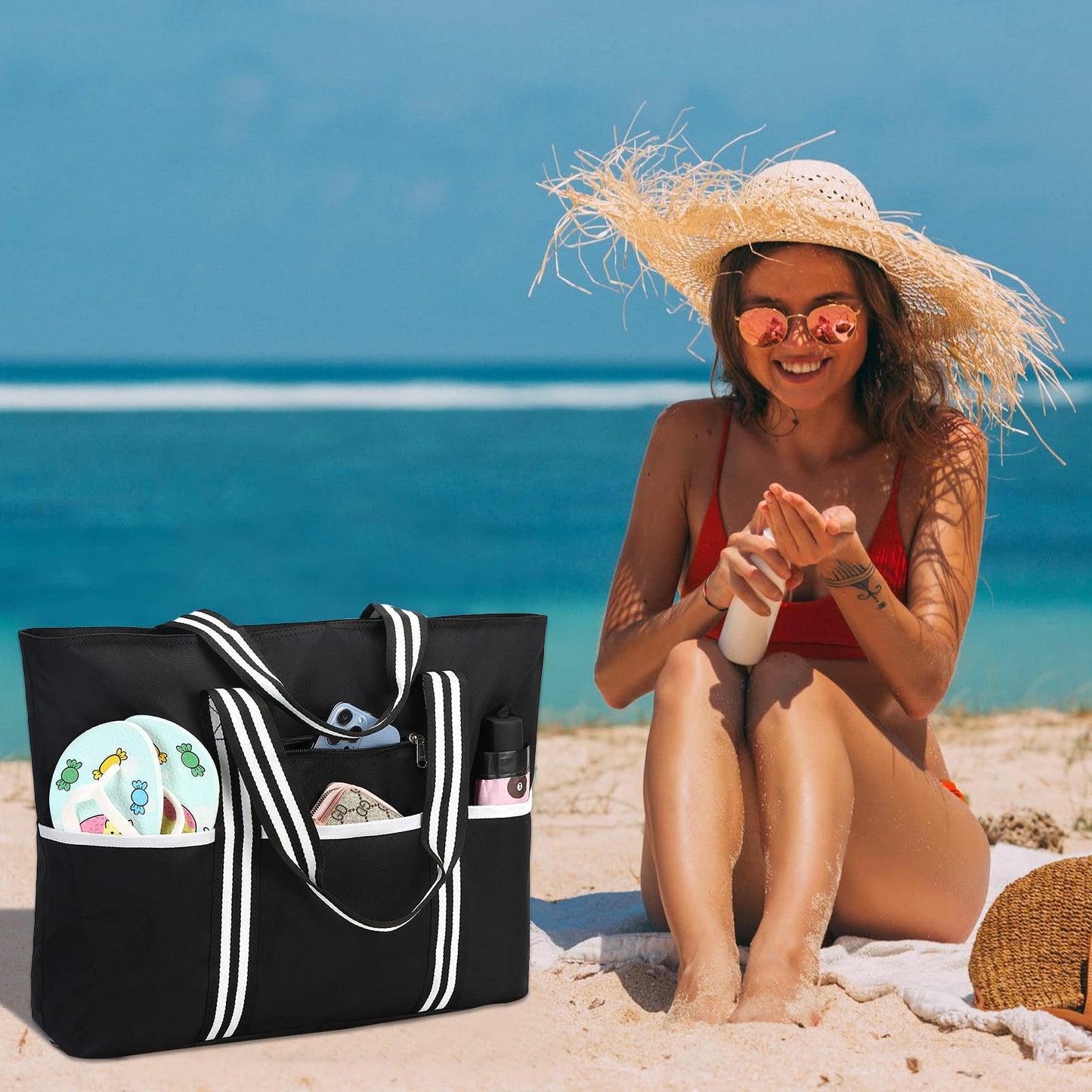 LEDAOU Large Beach Bag Women Shoulder Bag Handbag Waterproof Sandproof Zipper Pool Picnic Gym Travel Bag (B-Black)