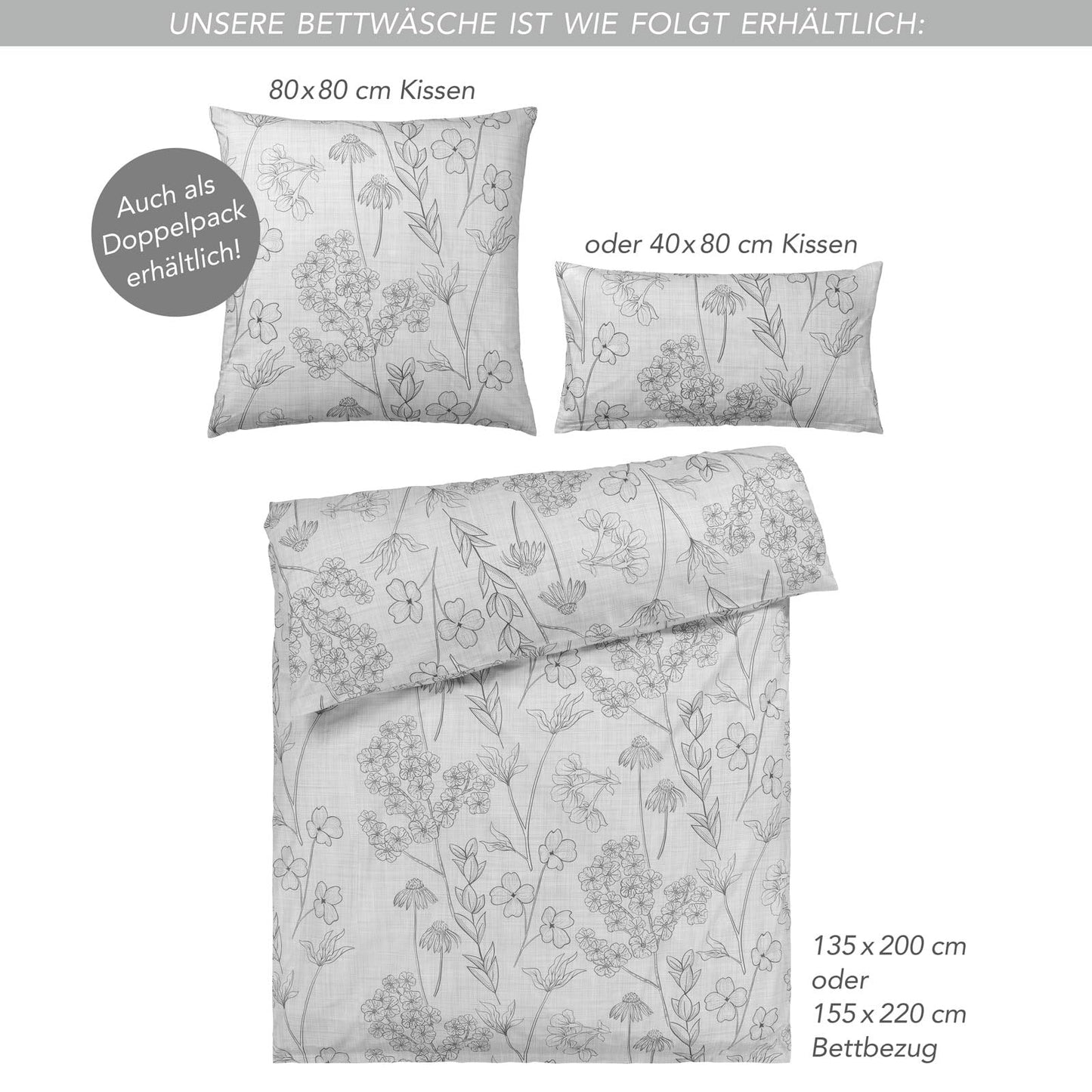 Pure label floral bedding 155x220 cm with one pillowcase 80x80 cm - Dreamily soft bedding set in grey made of 100% cotton with YKK zipper.