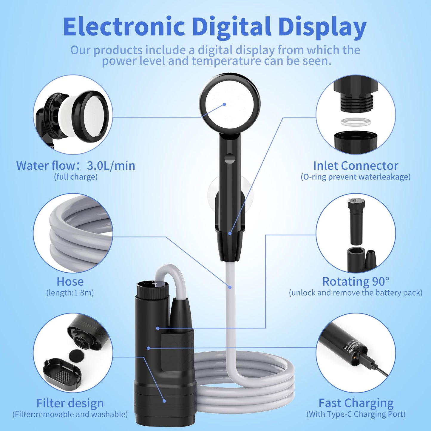 Forever Speed portable camping shower with 4000mAh battery, pump, temperature display and electricity display. Outdoor camping shower set with 2M hose for garden, car washing, beach, travel.