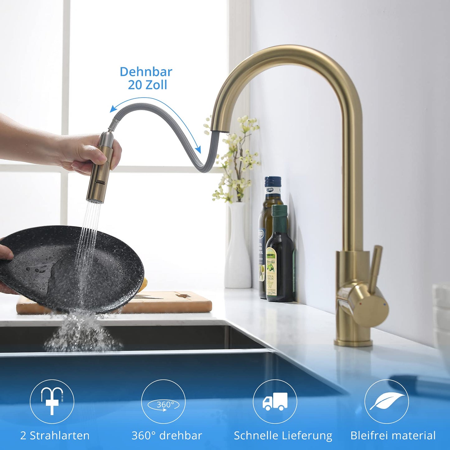 TIMACO Brushed Gold Kitchen Faucet with Pull-Out Sprayer Kitchen Sink Faucet 360° Swivel Mixer Tap for Kitchen Sink Single Handle Faucet for Kitchen Sink Dishwashing Faucet