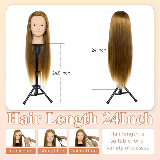 Neverland 24 inch Makeup Head Styling Head Hairdresser with Stand 50% Human Hair Practice Head Training Heads Doll Head Barber Head Training Head With Holder + Hair Styling Braid Set