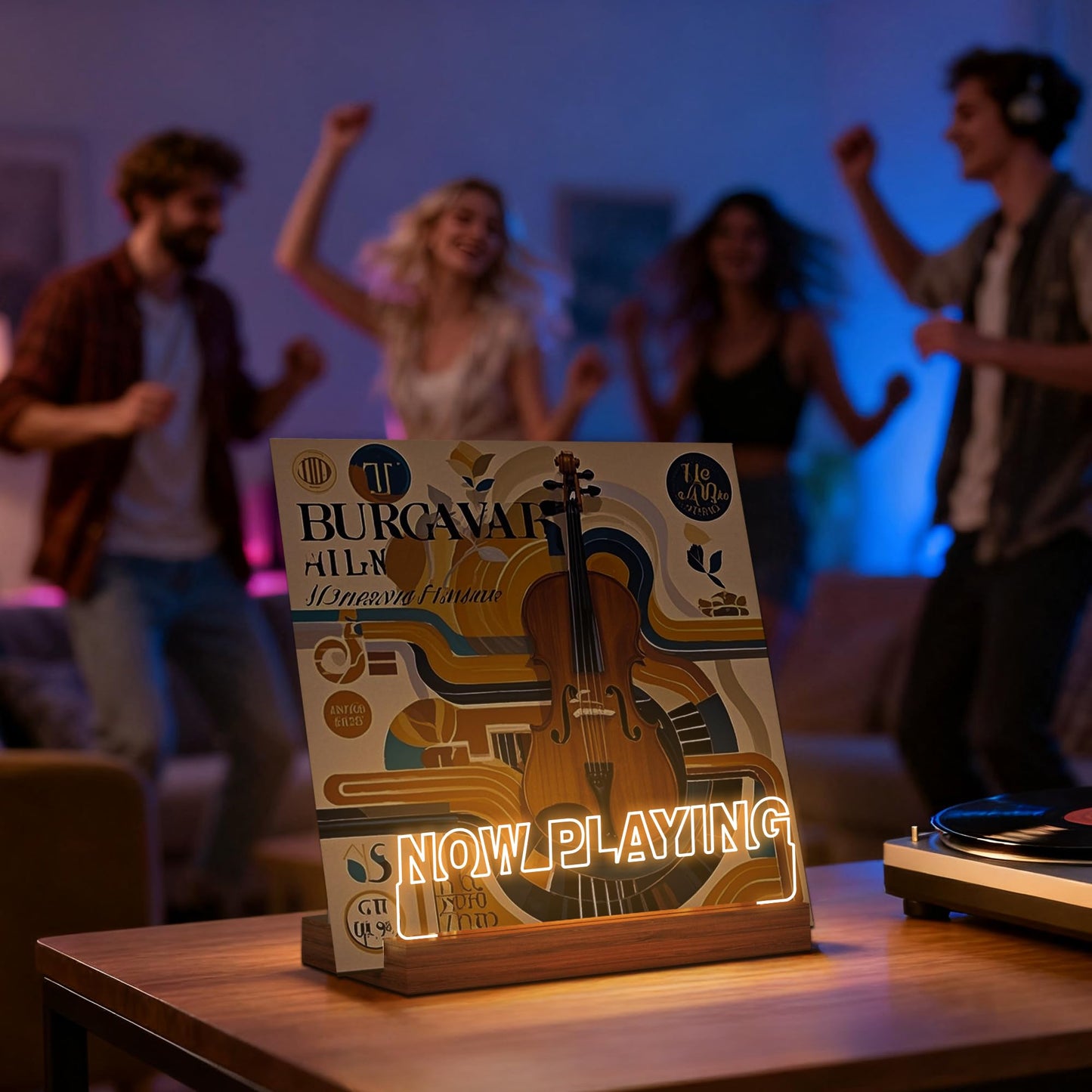 YuanDian Record Stand, Now Playing Vinyl Stand with warm lights, LED LP stand for vinyl record storage, gifts for vinyl lovers.