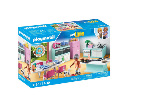 PLAYMOBIL MyLife 71608 Kitchen with Dining Area, fully equipped kitchen for detailed play, made from over 80% recycled and bio-based materials, creative toy for children ages 4 and up.