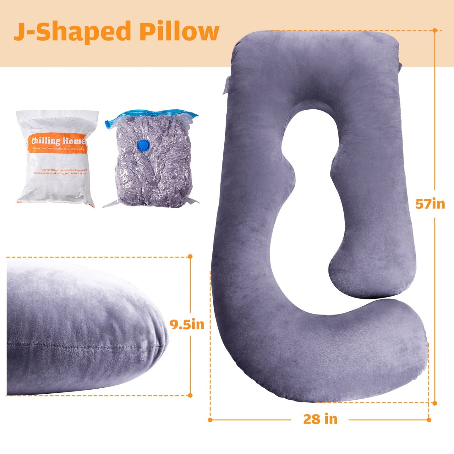 Chilling Home Pregnancy Pillow J Shape, Side Sleeper Pillow with Cover J Pillow Nursing Pillow large Support Pillow, Pillow for Women and Side Sleepers