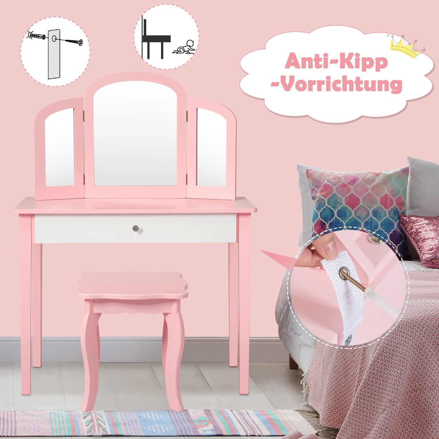 GOPLUS 2 in 1 Kids Vanity/Desk, Vanity Table & Chair, Makeup Table with Removable Triple Mirror & Drawer, Padded Stool, made of wood, in country style, for children's room (Pink)