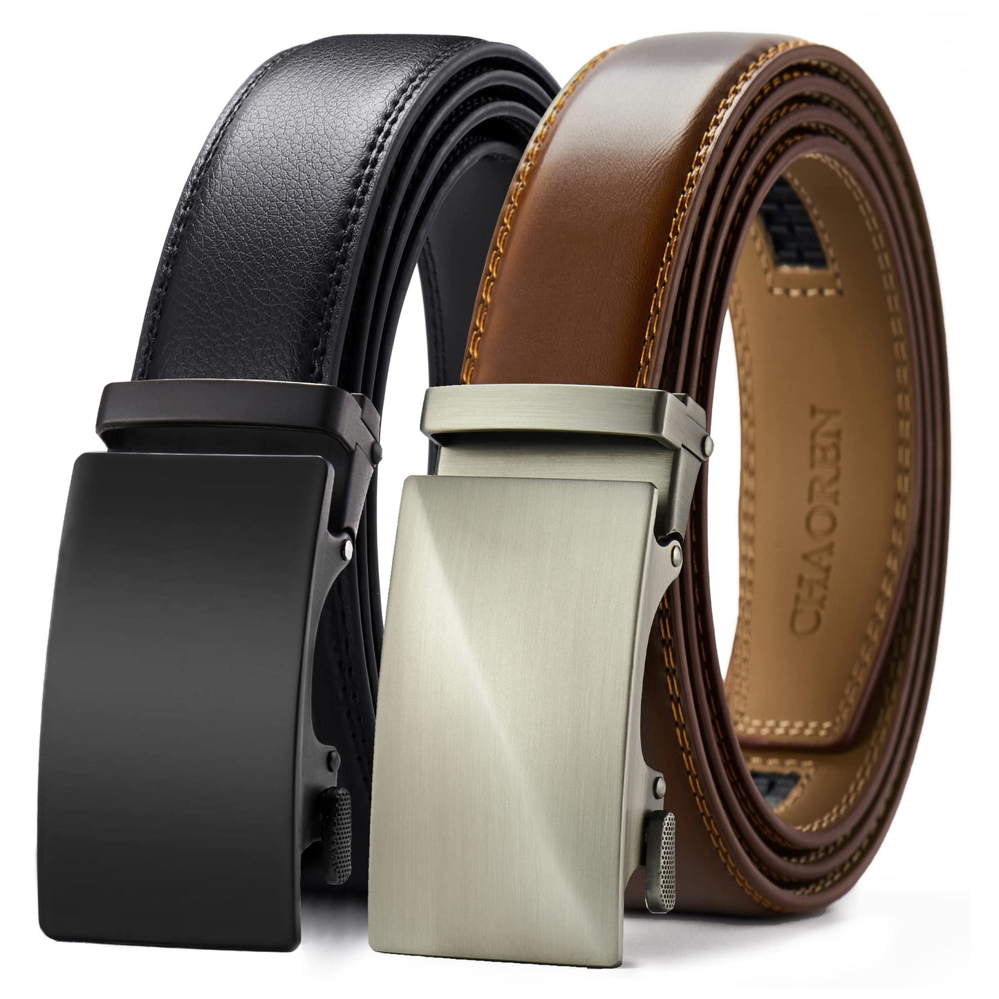 CHAOREN Automatic Belts for Men 2 Pieces, Ratchet Automatic Buckle Leather Belts for Men Adjustable 35mm Wide with Gift Box
