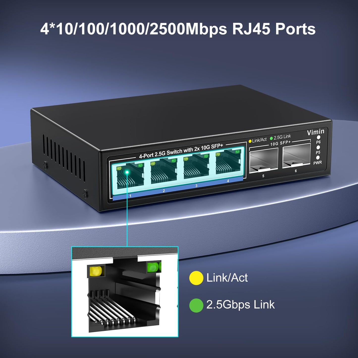 6 Port 2.5G Unmanaged Network Switch, VIMIN 4X 2.5Gbase-T Ports, 2X 10G SFP+ Port, 60Gbps Switching Capacity, IEEE802.3, Metal Housing, Fanless, suitable for 2.5Gbps NAS, Wireless AP & PC.