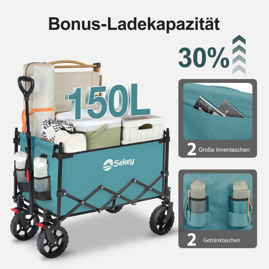 Sekey XXL folding wagon for children 150L 150KG, foldable wagon with canopy, collapsible handcart with sun protection for trips to the beach camping, roof S 4018, green
