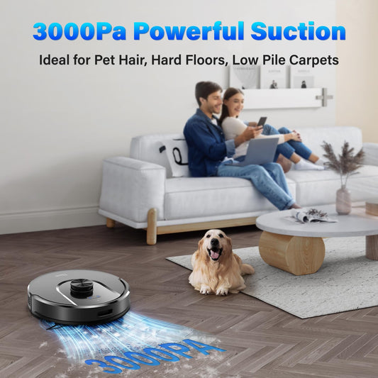 Tikom robot vacuum with mopping function, L8000 vacuum robot with LiDAR navigation, 45dB robot vacuum cleaner, 150 mins max, 14 no-go zones, 20 virtual walls, good for pet hair, carpet, hard floors.